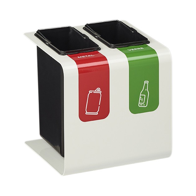 Poubelle de tri sélectif 2 bacs en métal blanc Tribu Poubelle de tri sélectif 2 bacs en métal blanc Tribu