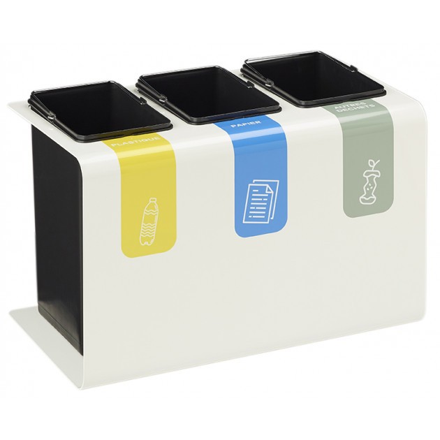 Poubelle de tri sélectif 3 bacs en acier blanc Tribu Poubelle de tri sélectif 3 bacs en acier blanc Tribu