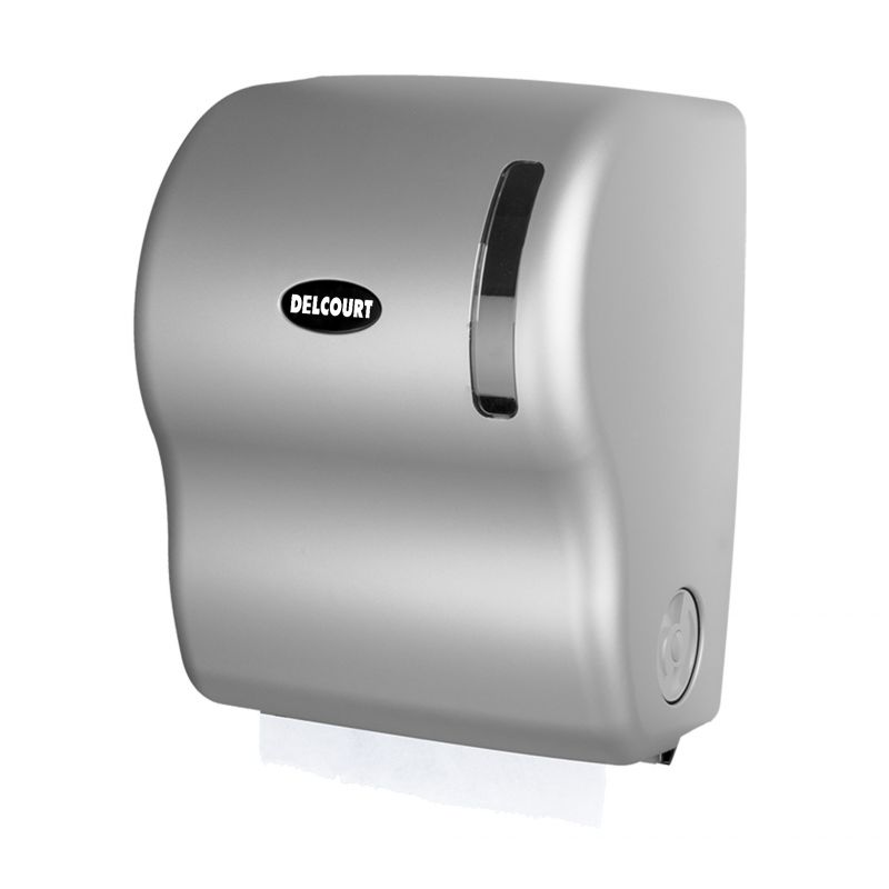 Distributeur essuie-mains autocoupant pour rouleau DELCOURT Gris métalisé