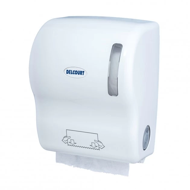 Distributeur essuie-mains autocoupant pour rouleau DELCOURT blanc