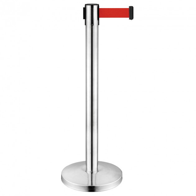 Poteau de guidage chrome avec sangle rétractable rouge Poteau de guidage chrome avec sangle rétractable rouge