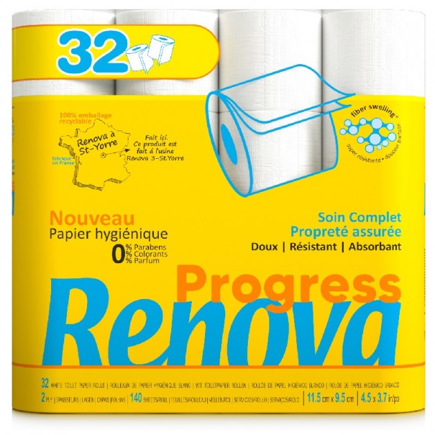 Papier toilette blanc 2 plis Renova Progress colis de 32 rouleaux Papier toilette blanc 2 plis Renova Progress colis de 32 rouleaux