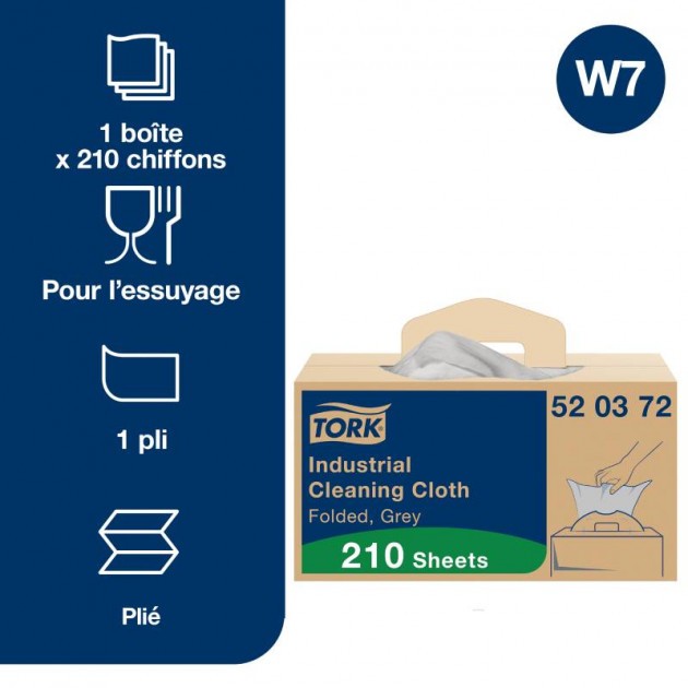 Chiffon de nettoyage industriel gris Tork W7 Boîte de 210 Chiffon de nettoyage industriel gris Tork W7 Boîte de 210
