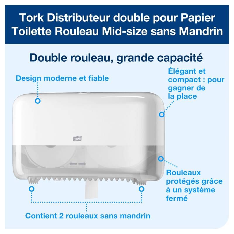 Distributeur papier toilette double rouleaux Tork T7 : HPI26