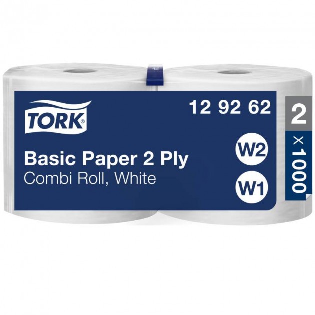 Papier d'essuyage blanc 2 plis Basic Combi Roll Tork W1/W2 - colis de 2 bobines de 1000 feuilles