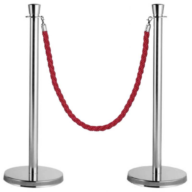 2 poteaux de guidage à corde tête plate avec cordon rouge tressé chrome 2 poteaux de guidage à corde tête plate avec cordon rouge tressé chrome