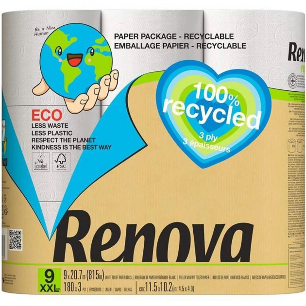 Papier toilette recyclé 3 plis 72 rouleaux Renova