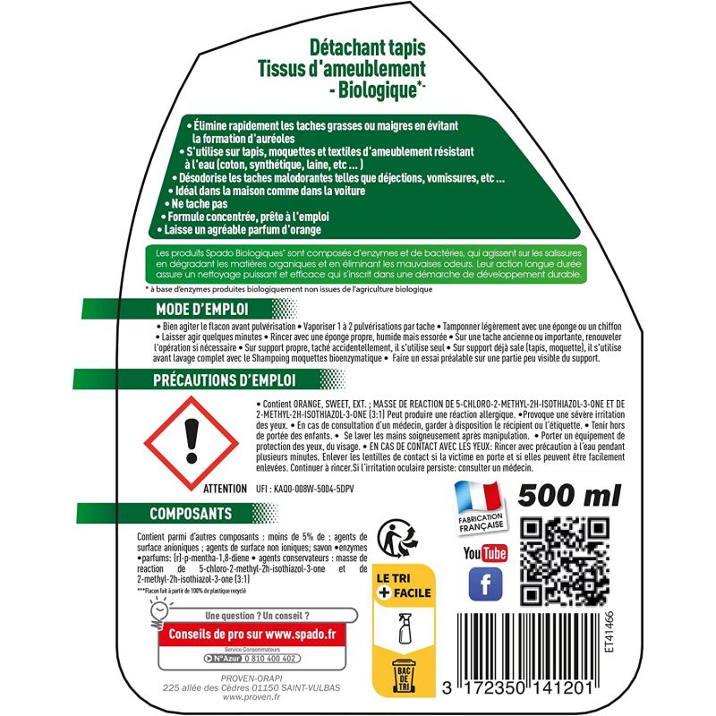 Spray détachant tapis moquettes biologique 500 ml Spado