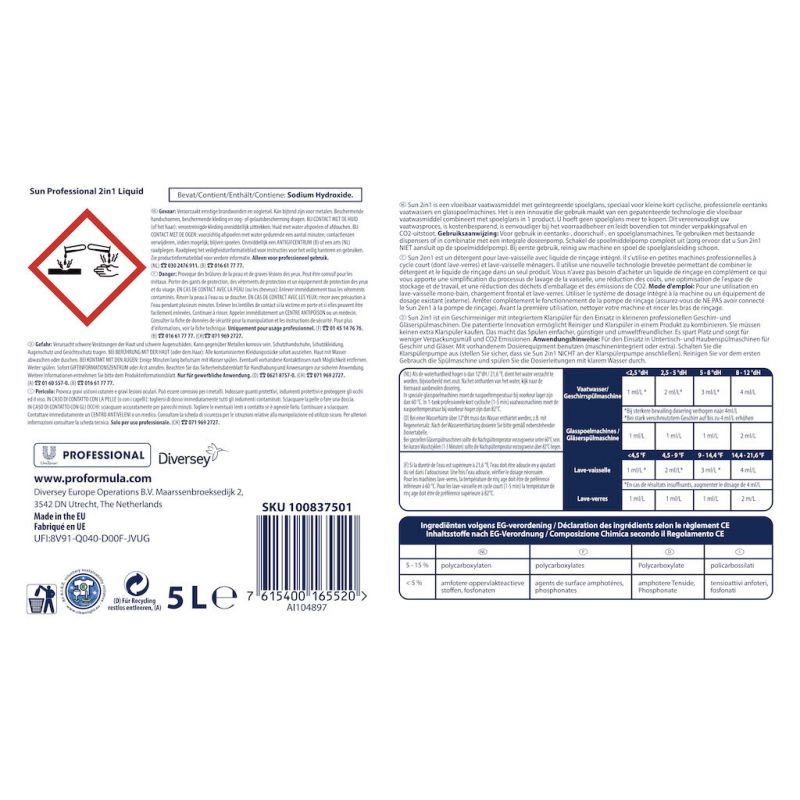 Liquide vaisselle concentré 2 en 1 cycle court bidon de 5 L Sun Liquide vaisselle concentré 2 en 1 cycle court bidon de 5 L Sun