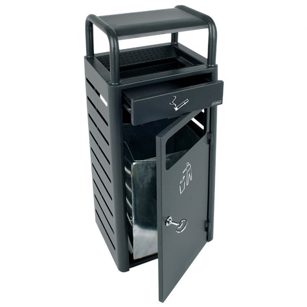 Poubelle cendrier en métal gris anthracite profil ouvert 24L