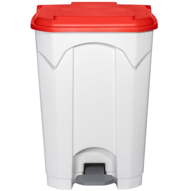 Poubelle blanche à pédale couvercle rouge HACCP 70L