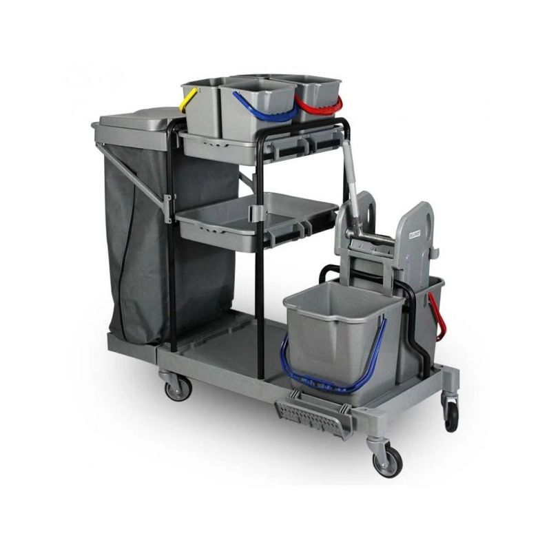 Pack chariot de ménage complet 6 seaux avec presse & porte-sac