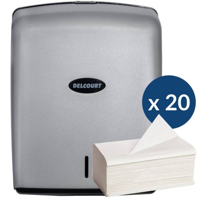 Distributeur essuie mains manuel + 3800 feuilles essuie-mains Gris