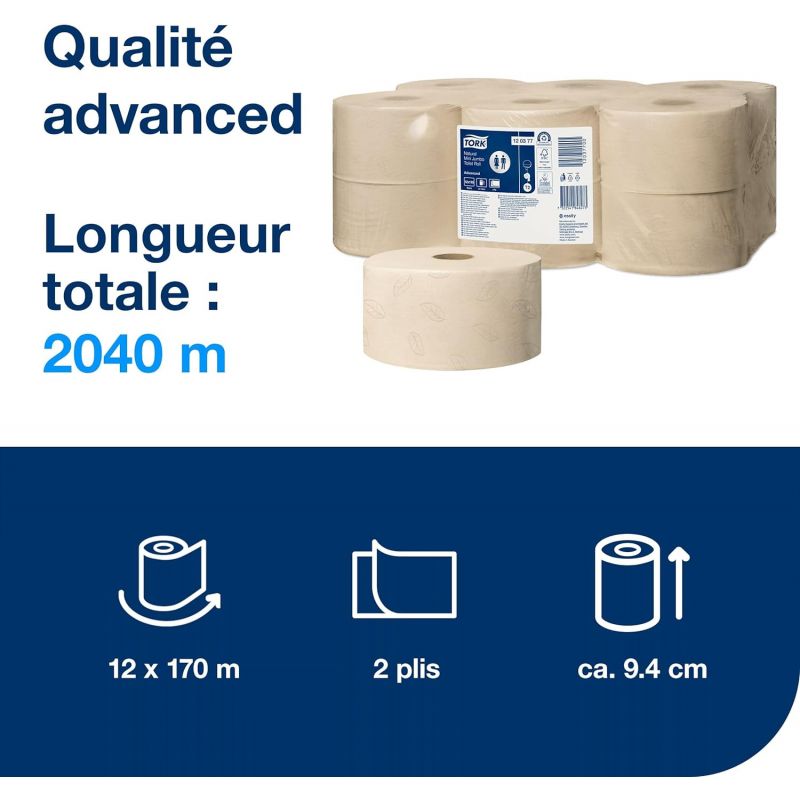 Papier toilette mini jumbo Tork T2 naturel 2 plis Advanced 12 x 170 m
