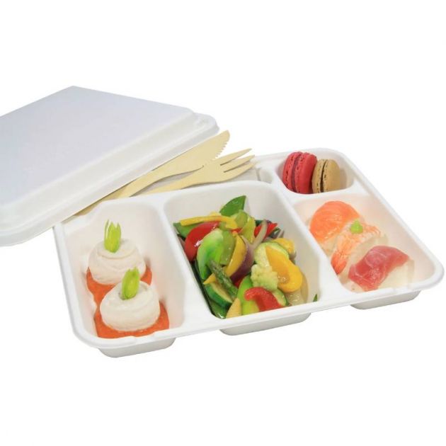 Couvercle plateau repas fibre de canne 5 compartiments x50 Couvercle plateau repas fibre de canne 5 compartiments x50