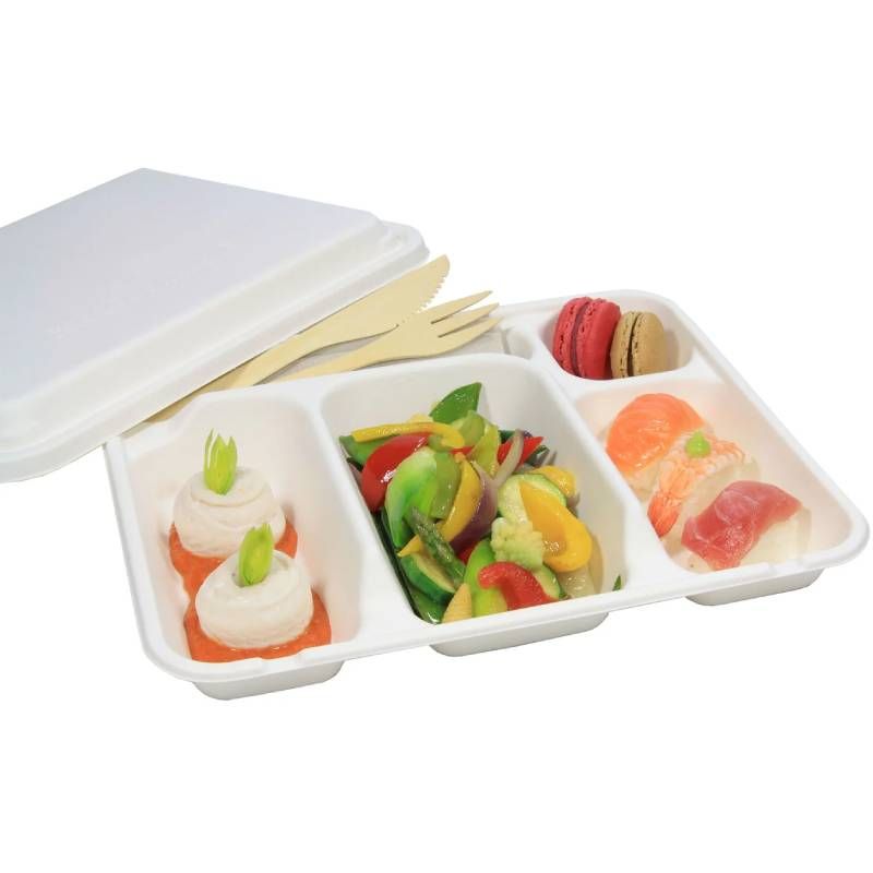 Couvercle plateau repas fibre de canne 5 compartiments x50 Couvercle plateau repas fibre de canne 5 compartiments x50