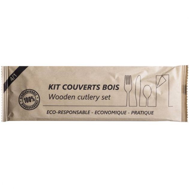 Sachet couverts bois fourchette couteau cuillière serviette x250 Sachet couverts bois fourchette couteau cuillière serviette x250