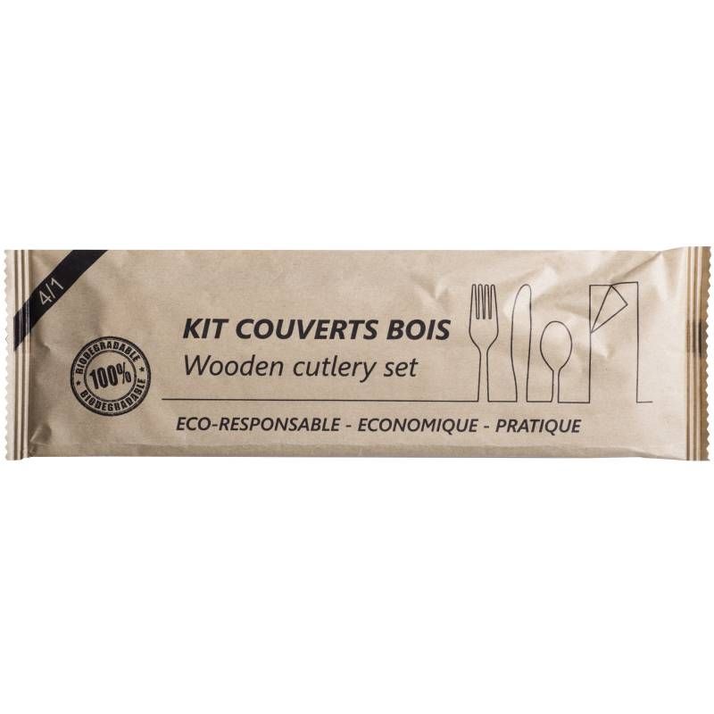 Sachet couverts bois fourchette couteau cuillière serviette x250 Sachet couverts bois fourchette couteau cuillière serviette x250