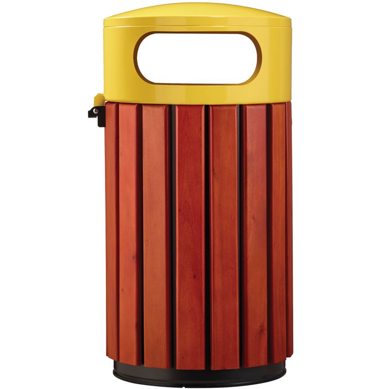 Poubelle d'extérieur ronde bois et métal Zeno Jaune