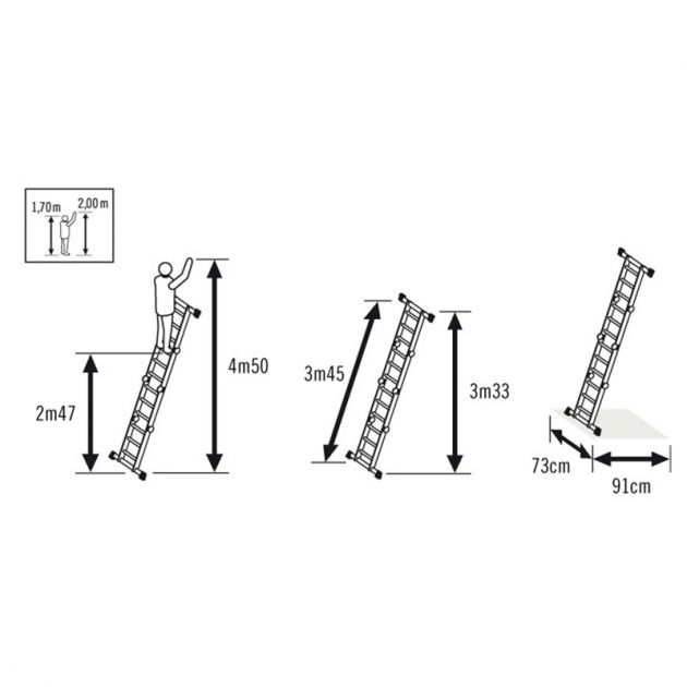 Echelle transformable 4 x 3 marche 4,35 m en aluminium dimensions echelle simple Echelle transformable 4 x 3 marche 4,35 m en aluminium dimensions echelle simple