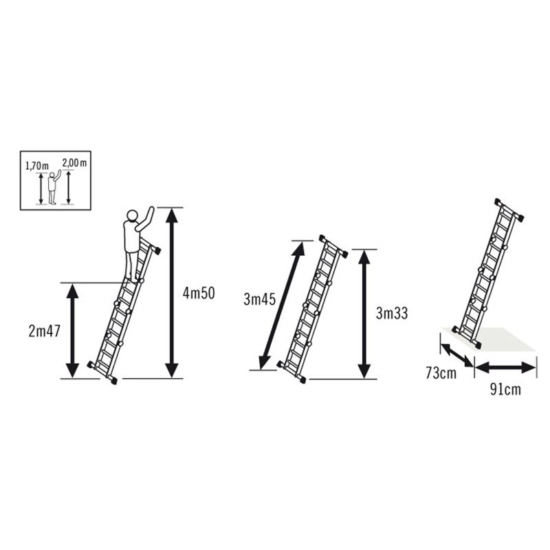 Echelle transformable 4 x 3 marche 4,35 m en aluminium dimensions echelle simple Echelle transformable 4 x 3 marche 4,35 m en aluminium dimensions echelle simple