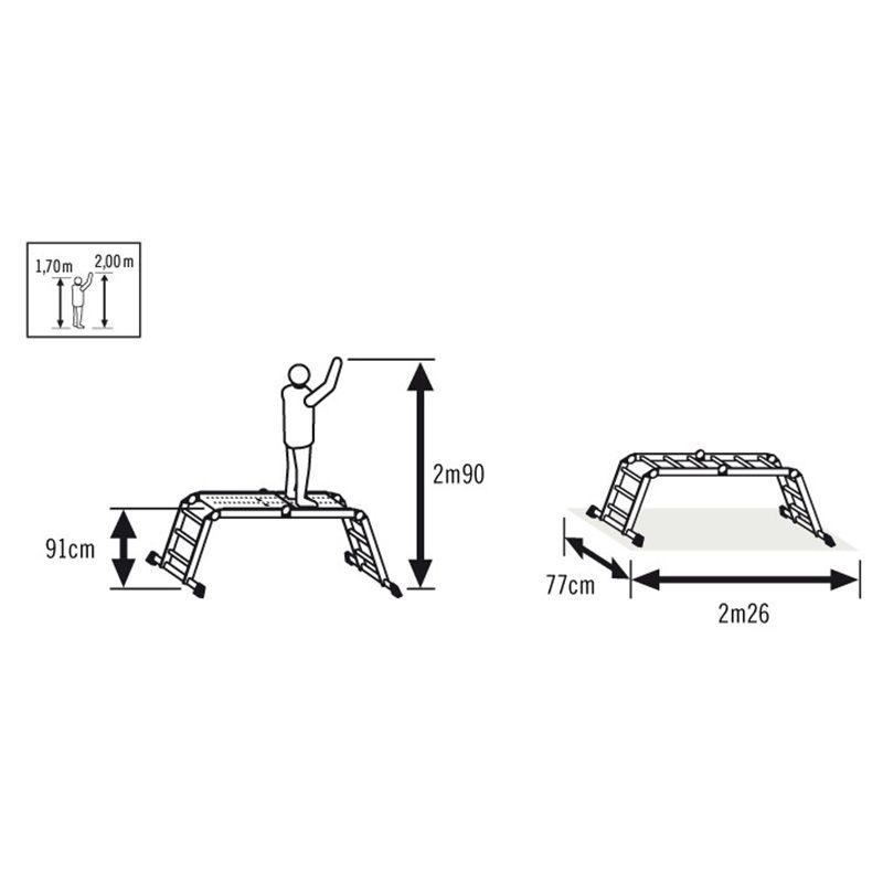 Echelle transformable 4 x 3 marche 4,35 m en aluminium dimensions plateforme Echelle transformable 4 x 3 marche 4,35 m en aluminium dimensions plateforme