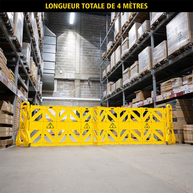 Barrière de sécurité mobile 4m Rubbermaid dépliée  Barrière de sécurité mobile 4m Rubbermaid dépliée