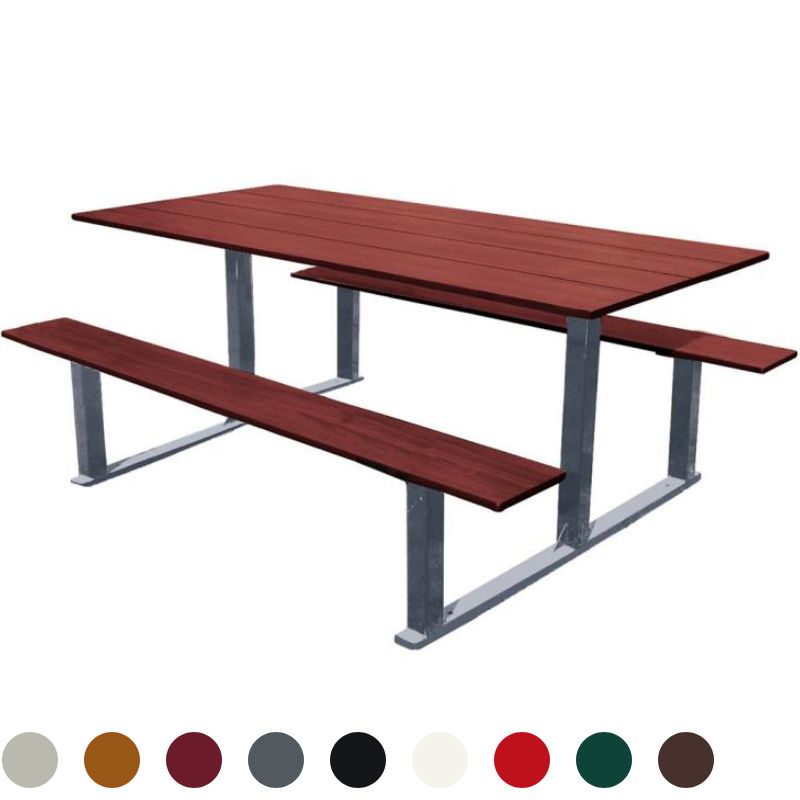 Table pique-nique en compact effet acajou et acier Table pique-nique en compact effet acajou et acier
