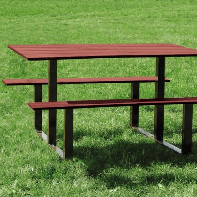 Table pique-nique en compact effet acajou et acier Table pique-nique en compact effet acajou et acier