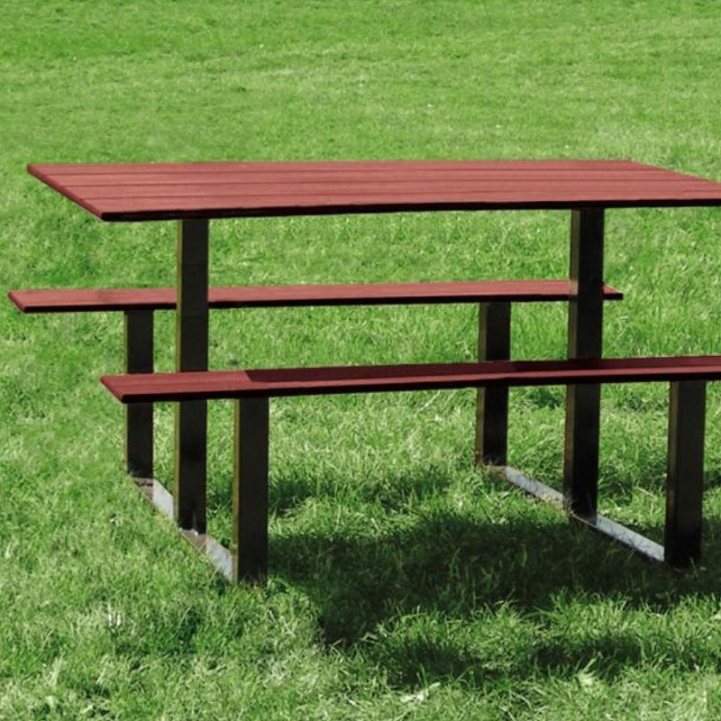 Table pique-nique en compact effet acajou et acier Table pique-nique en compact effet acajou et acier