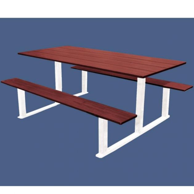 Table pique-nique en compact effet acajou et acier Table pique-nique en compact effet acajou et acier