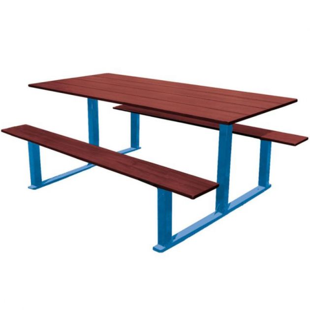 Table pique-nique en compact effet acajou et acier Table pique-nique en compact effet acajou et acier