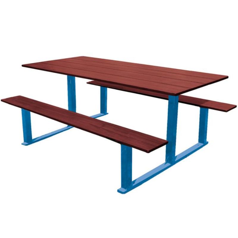 Table pique-nique en compact effet acajou et acier Table pique-nique en compact effet acajou et acier