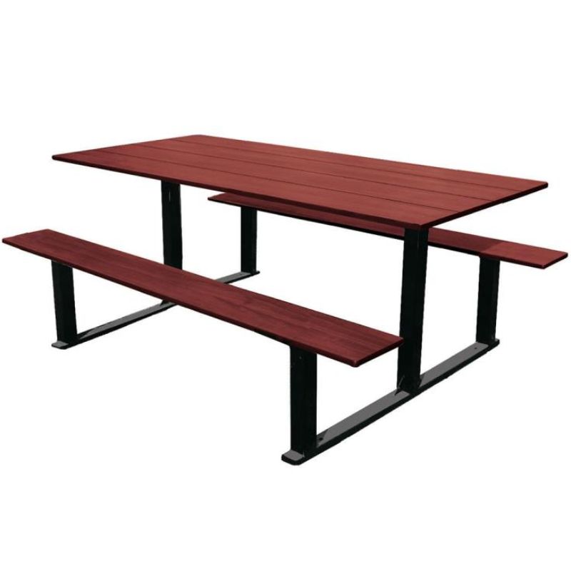 Table pique-nique en compact effet acajou et acier Table pique-nique en compact effet acajou et acier