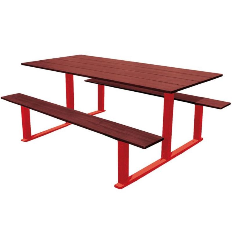 Table pique-nique en compact effet acajou et acier Table pique-nique en compact effet acajou et acier