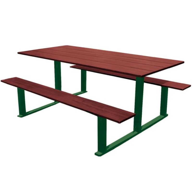 Table pique-nique en compact effet acajou et acier Table pique-nique en compact effet acajou et acier