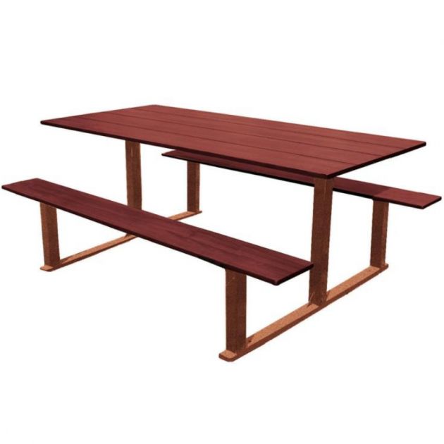 Table pique-nique en compact effet acajou et acier Table pique-nique en compact effet acajou et acier
