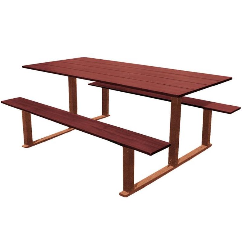 Table pique-nique en compact effet acajou et acier Table pique-nique en compact effet acajou et acier