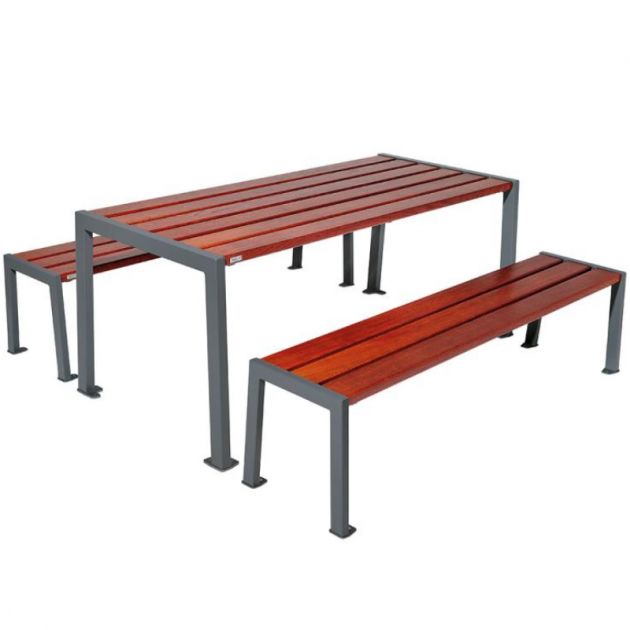 Table pique-nique en bois lasuré acajou et acier gris anthracite