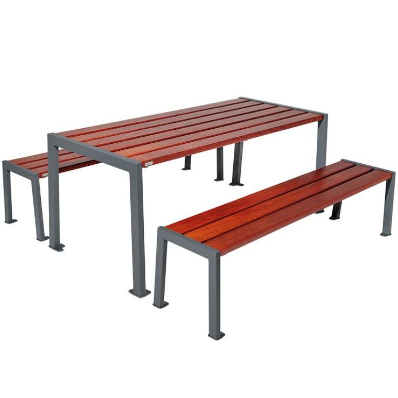 Table pique-nique en bois lasuré acajou et acier gris anthracite