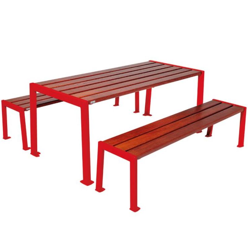 Table pique-nique en bois lasuré acajou et acier rouge