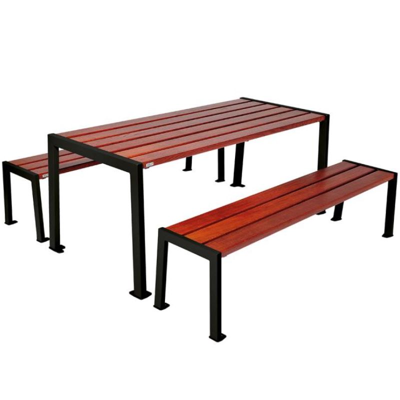 Table pique-nique en bois lasuré acajou et acier noir