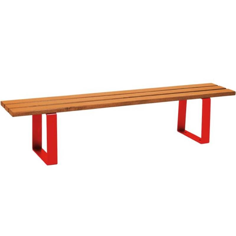 Banquette publique bois exotique lasuré chêne clair et acier 180 cm RIGA rouge