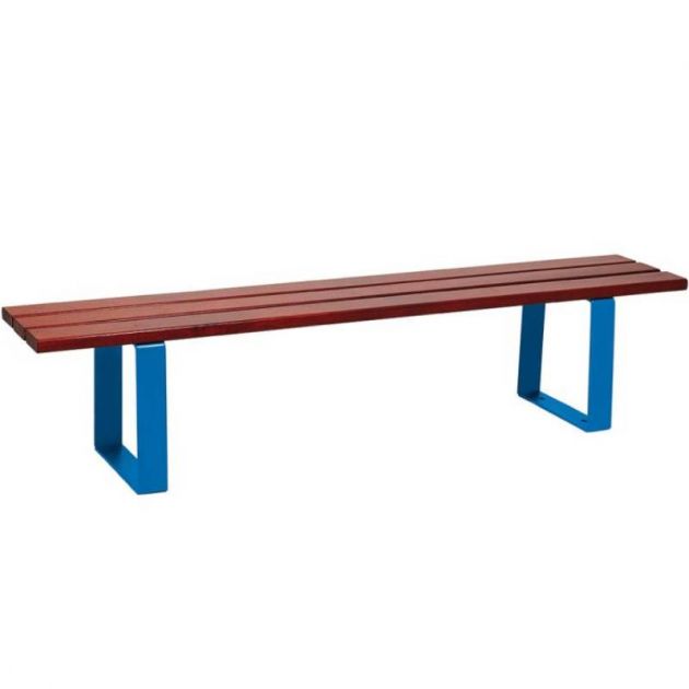 Banquette publique bois exotique lasuré acajou et acier 180 cm RIGA bleu