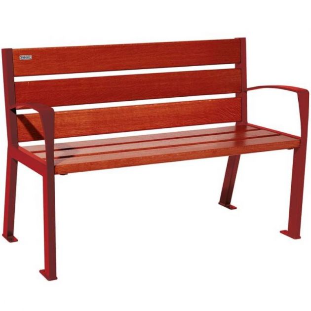 Banc public bois lasuré acajou et acier avec accoudoirs 120 cm SILAOS bordeaux