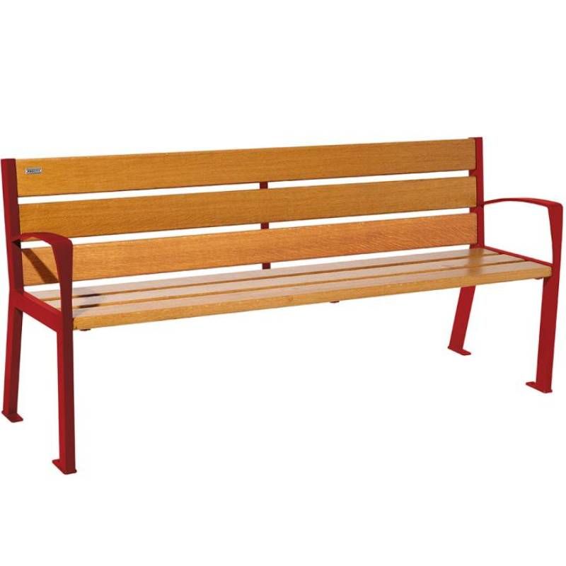 Banc public bois lasuré chêne clair et acier avec accoudoirs 180 cm SILAOS bordeaux