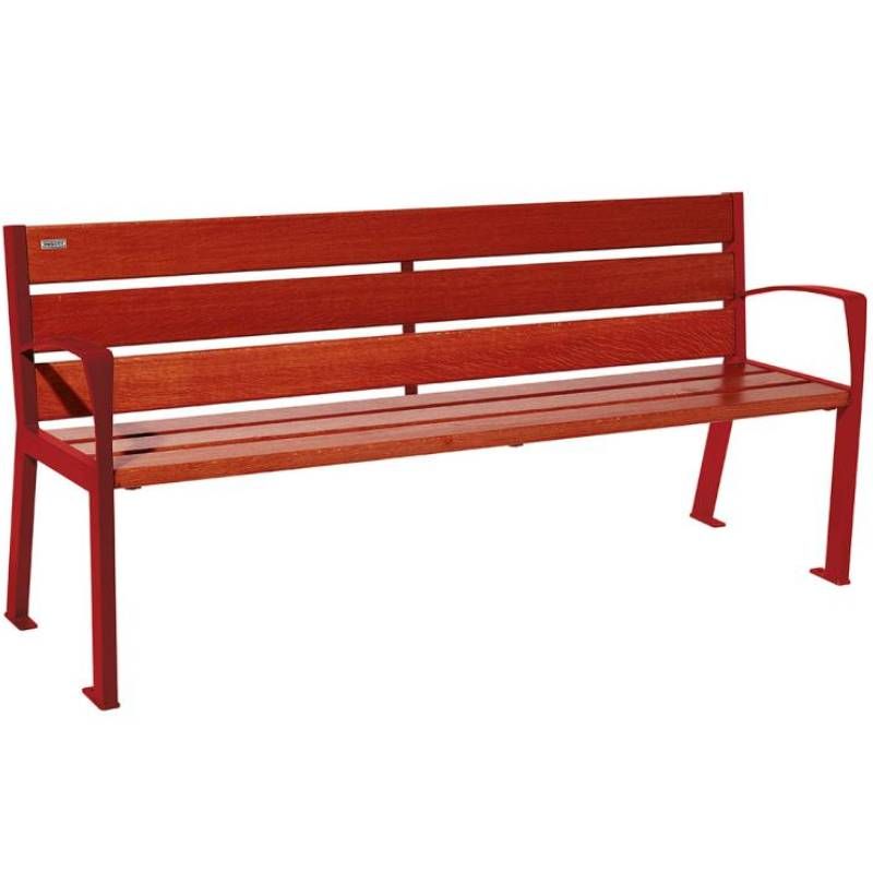 Banc public bois lasuré acajou et acier avec accoudoirs 180 cm SILAOS bordeaux