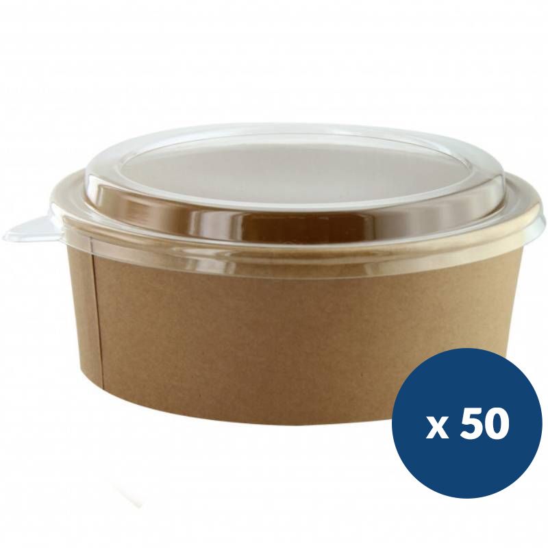 Bol carton kraft et couvercle PET 1300 ml Ø18,5 cm x50 Bol carton kraft et couvercle PET 1300 ml Ø18,5 cm x50