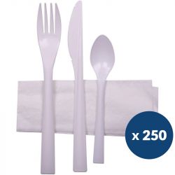 Sachet couverts incassables fourchette couteau cuillière serviette x250