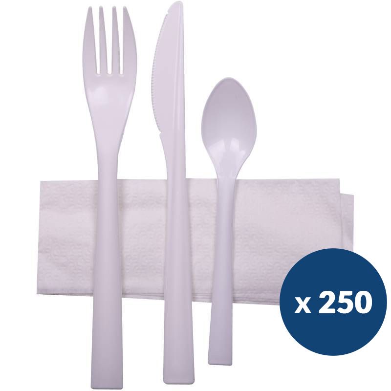 Sachet couverts incassables fourchette couteau cuillière serviette x250 Sachet couverts incassables fourchette couteau cuillière serviette x250